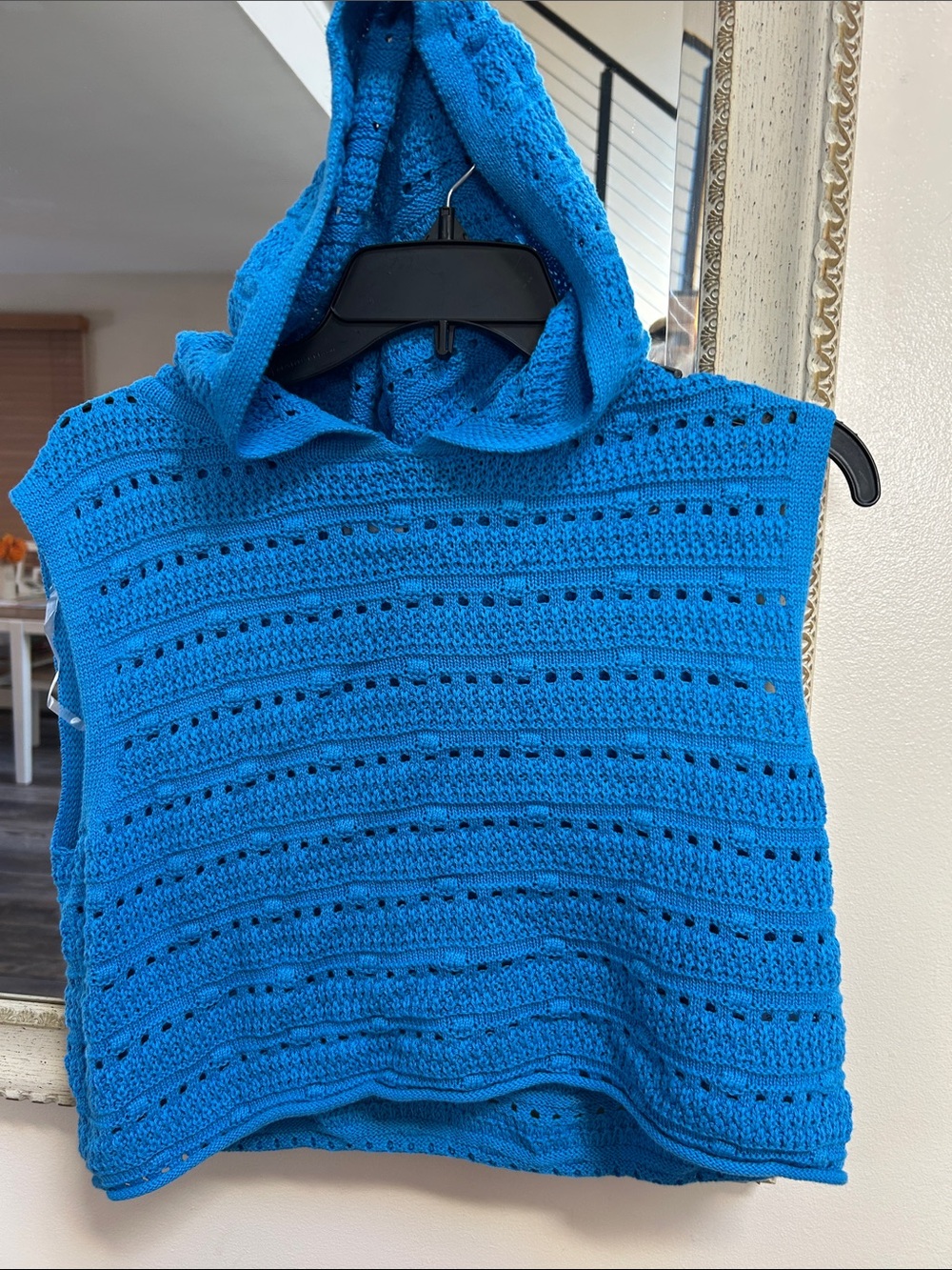 Blue Rain Bright Blue Hooded Crochet Knit Sleeveless Pullover